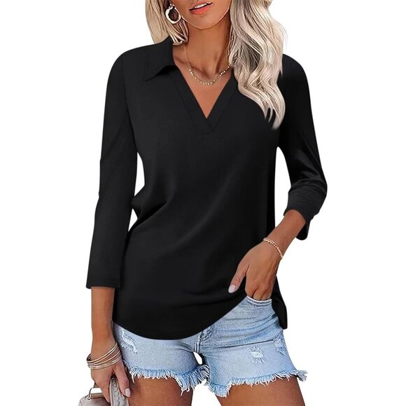 Tops - Women's Cotton Blend Polo Shirt 3/4 Sleeve V Neck Casual Summer Top